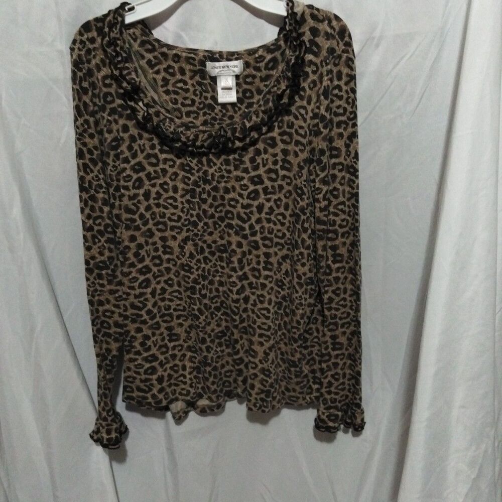 Jones New York Sport Animal Print Leopard Top T-Shirt Size 1x Ruffle Neck Y2k